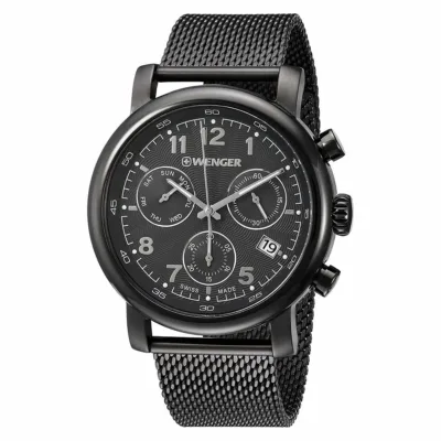 01.1043.108 WENGER  Urban Classic Chrono Stainless Mesh Bracelet Black Band Black Dial Men's Swiss made ručni sat